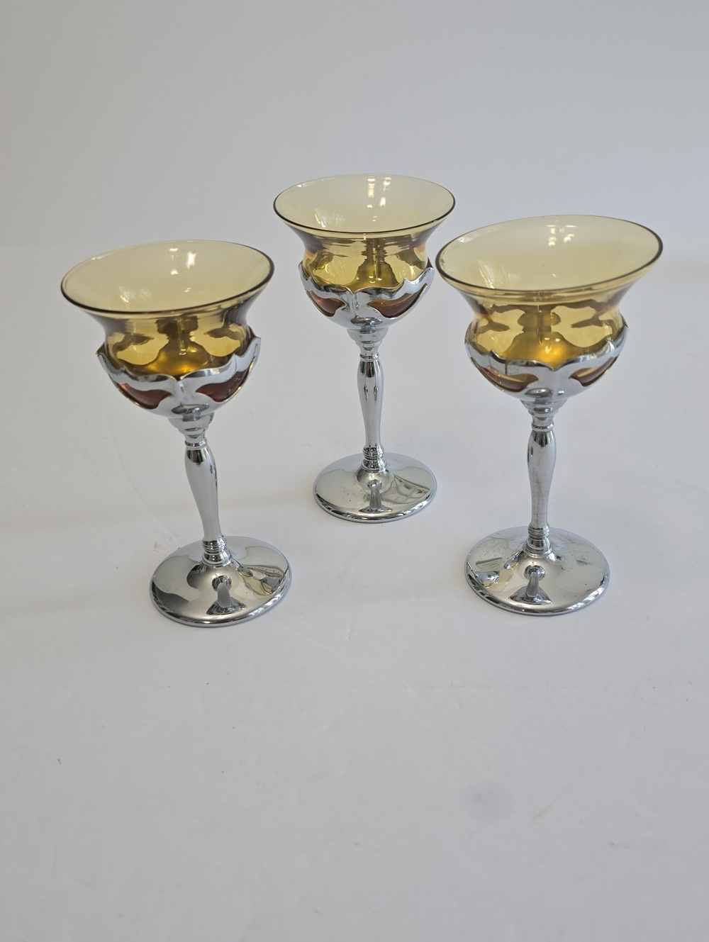 Vintage Farber Bros Krome Kraft Set Of 3 Amber Cocktail Glasses Chrome Stem